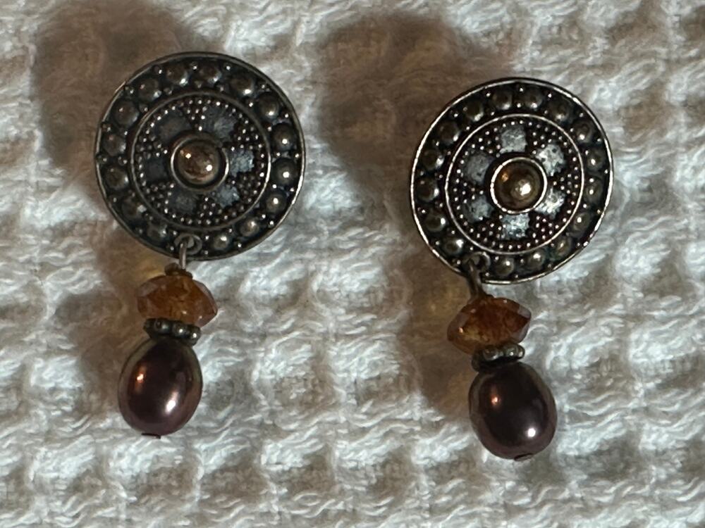 Estate Sterling Silver Button Gold Tone Disc Beaded Dangle Drop Earrings